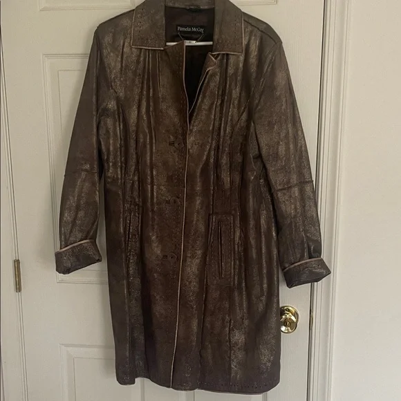 Pamela McCoy Leather Bronze Trench Coat - Picture 1 of 13
